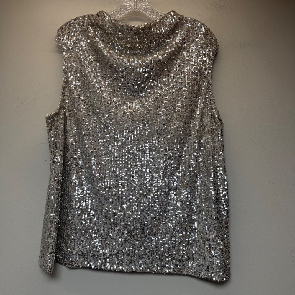 Cable‎ & Gauge Sequin Top Womens XL Silver Excellent Cowl Neck Keyhole Back